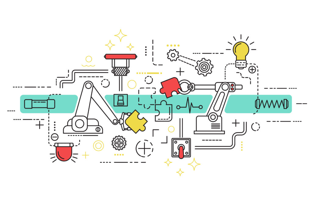 Assembly line art with isolated elements and icons combined in colored composition vector illustration